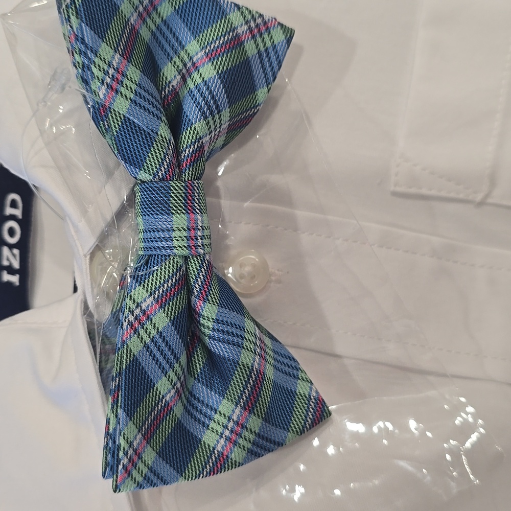 Izod Classic White Shirt with Blue Plaid Bow Tie, SZ 5 - Picture 5 of 5